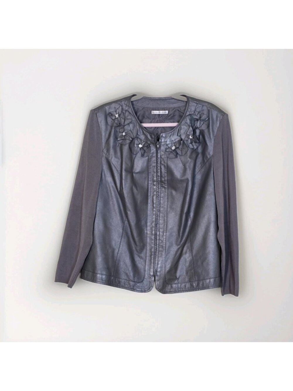 Peter Nygard Leather Knit Jacket 1X Gray Metallic Floral Rosette Rhinestone Y2K